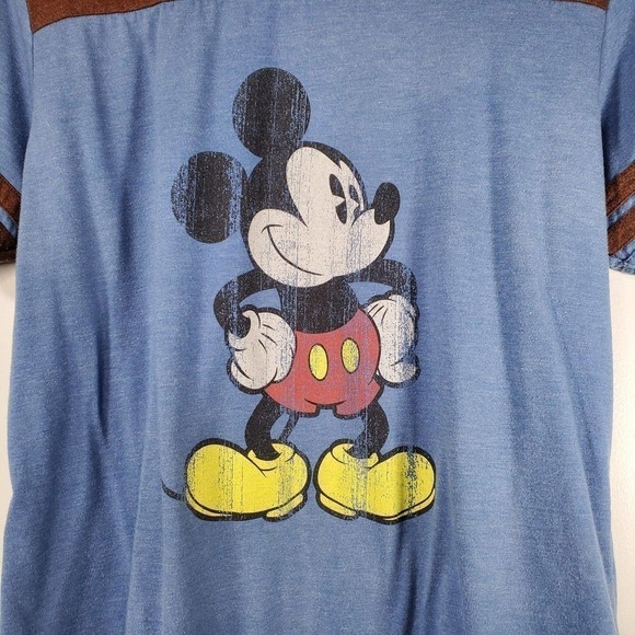 Vintage Walt Disney World Mickey Mouse Ringer Baseball Tee Blue Brown Size XL - Picture 3 of 11